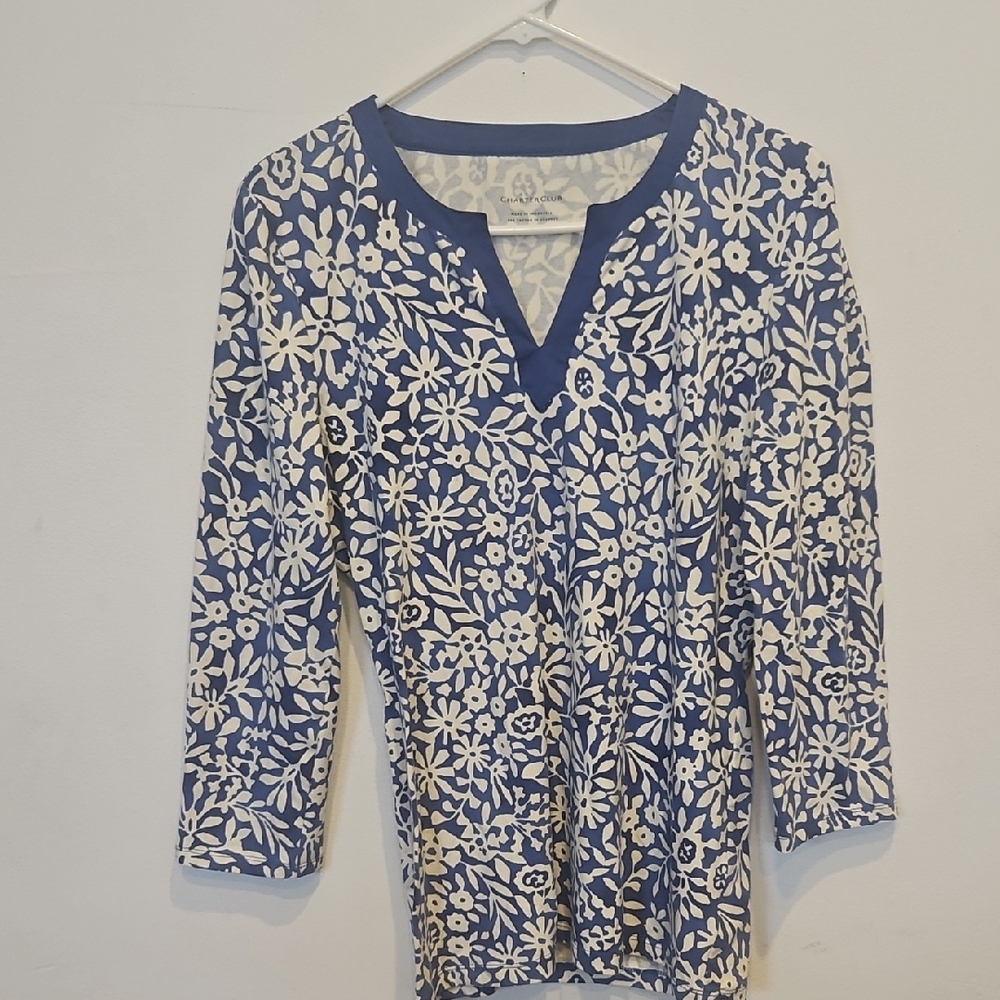 Charter Club Navy and Cream Floral Tunic